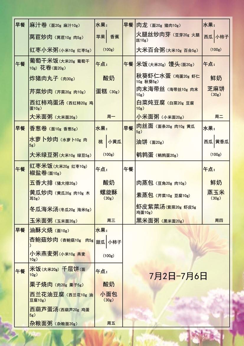 淄博市青少年宫幼儿园7月02日-7月06日食谱